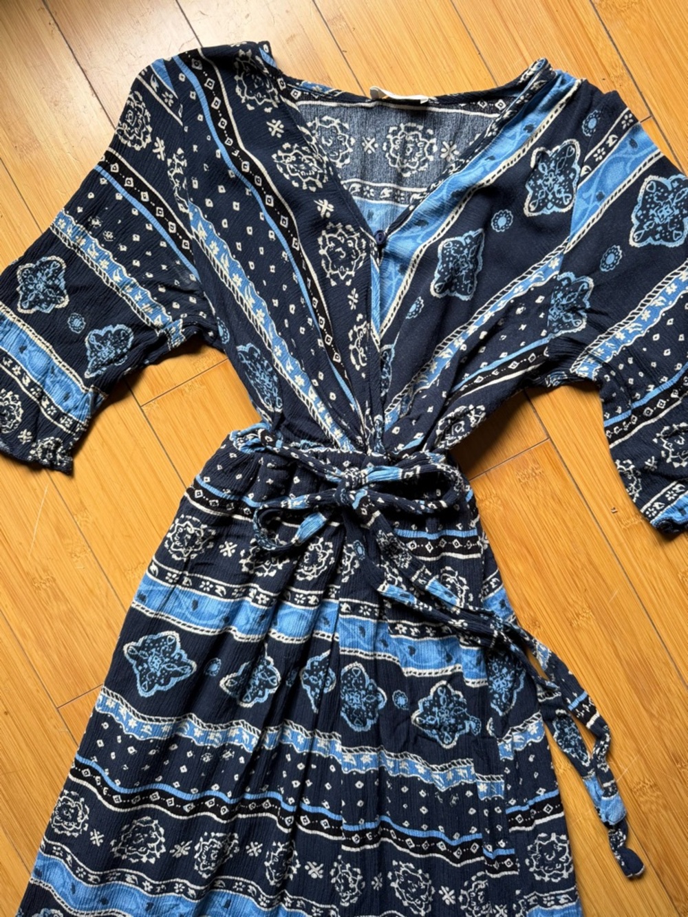 Orange Creek Indigo Boho Wrap Dress Blue Bandana Print Lightweight Tie Waist